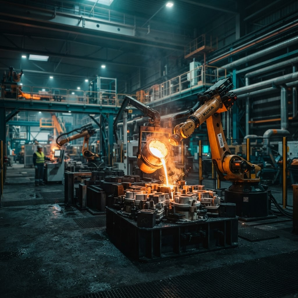 Molten metal being poured in the Deltacast precision casting facility